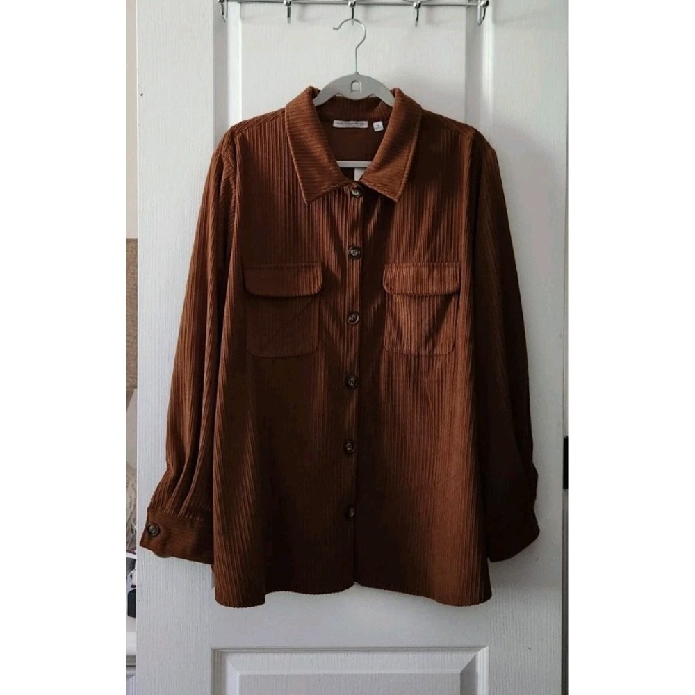 NOTATIONS Women's Corduroy Shirt Button Up Long Sleeve Pockets‎ Brown Size 3X